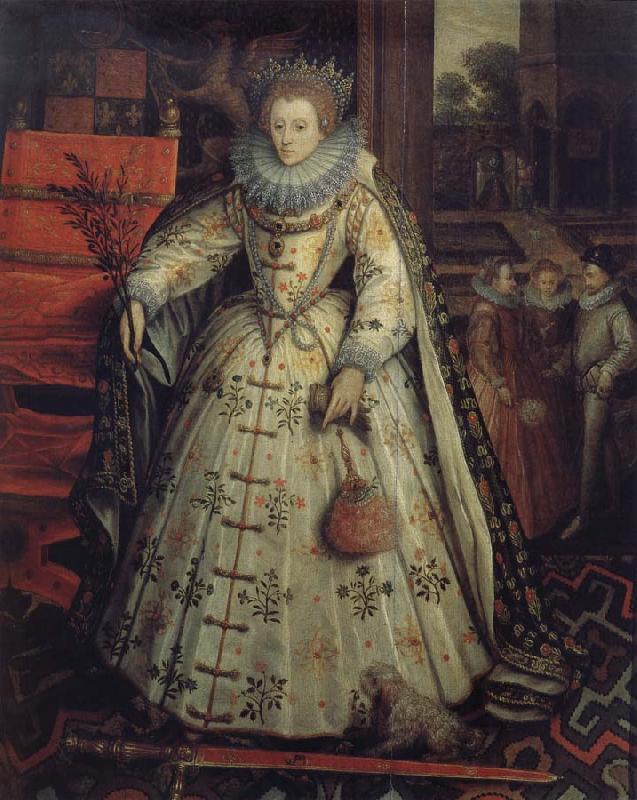 Marcus Gheeraerts Queen Elizabeth with a view to a walled garden oil painting image